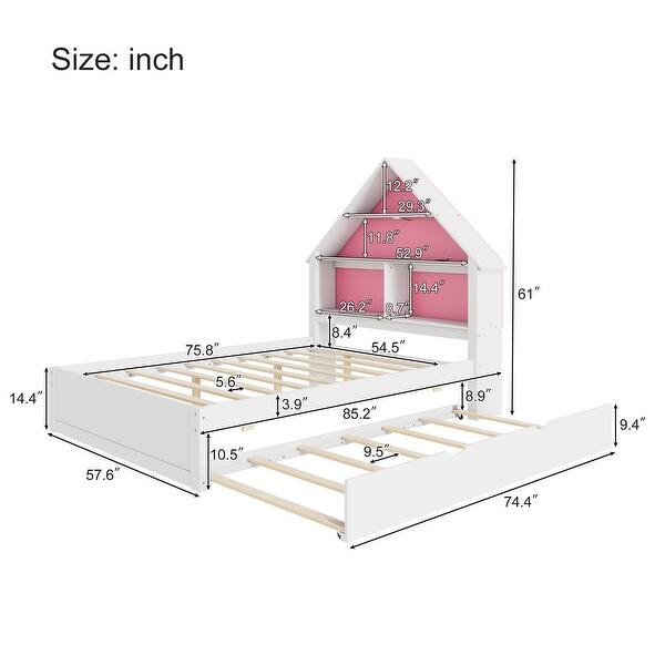 White+Pink Full Size Wood House-Shaped Bed with Bookcase Headboard and Led Light and Trundle for Kids Boys Girls