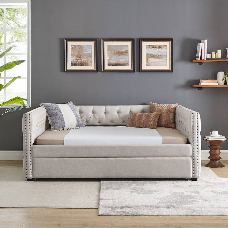Daybed with Trundle Upholstered Tufted Sofa Bed with Button and Copper Nail on Square Arms