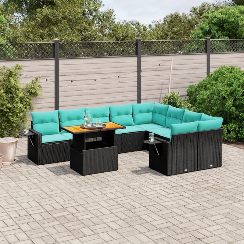 vidaXL Patio Sofa Set with Cushions Outdoor Furniture 10 Piece Poly Rattan - 24.4 x 24.4 x 27.2 - Black-Table+2x corner+5x middle