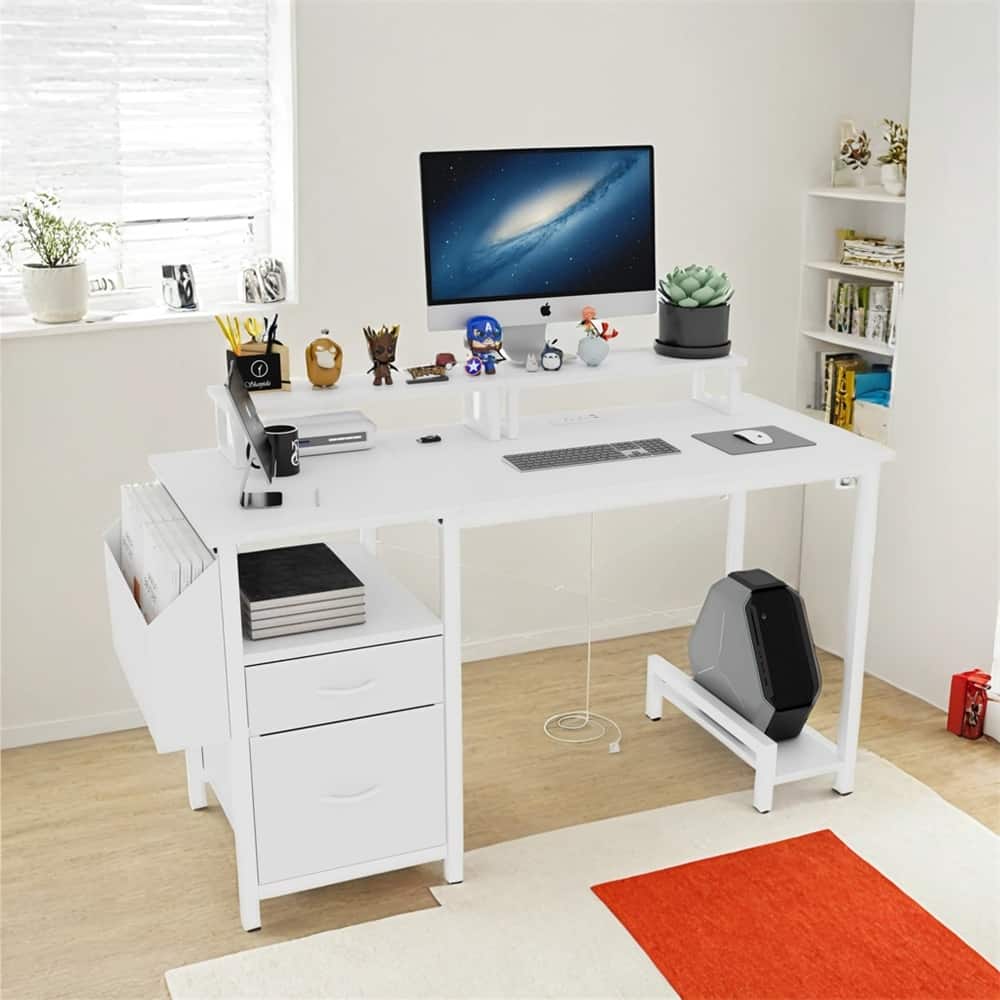 47.3"Office Desk w/Power Outlet,2 Monitor Stands,2 Drawers,Side Pocket