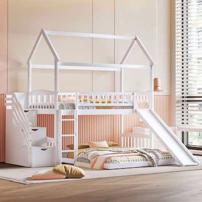 Twin over Twin Size Pine Wood Bunk Bed with Two Drawers and Slide for Kids
