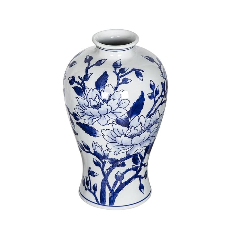 13" Blue And White Floral Chinoiserie Round Porcelain Table Vase - 8.00