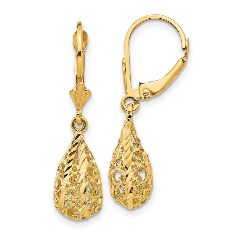 Curata 14k Yellow Gold Sparkle Cut Filigree Teardrop Dangle Leverback Earrings 30x7mm