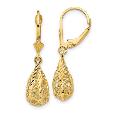 Curata 14k Yellow Gold Sparkle Cut Filigree Teardrop Dangle Leverback Earrings 30x7mm