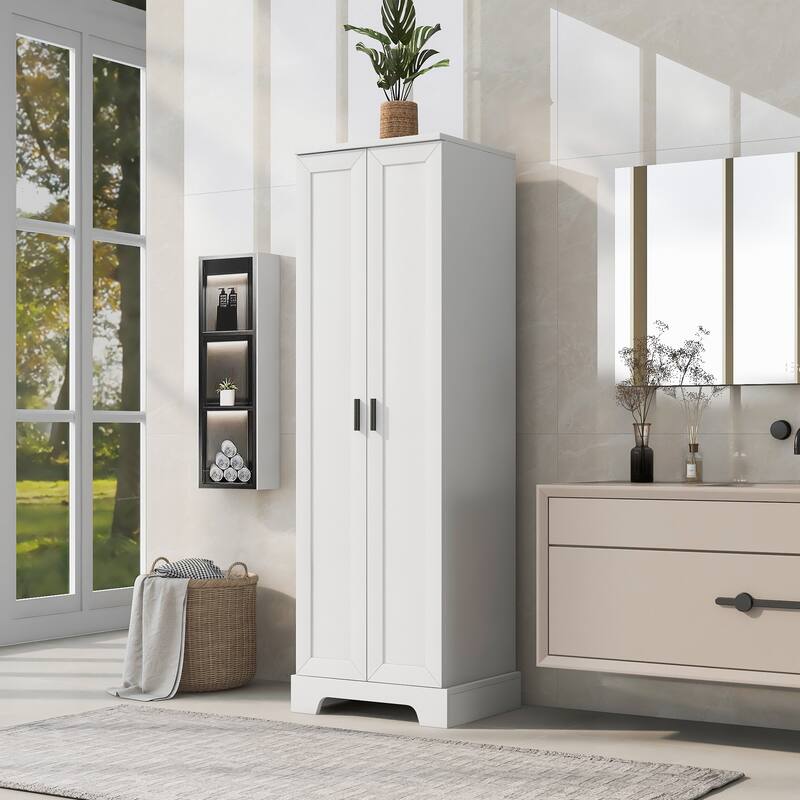 Roomfitters Tall 2-Door Storage Cabinet with 5-Tier Adjustable Shelves, Modern MDF Linen Tower for Bathroom & Office