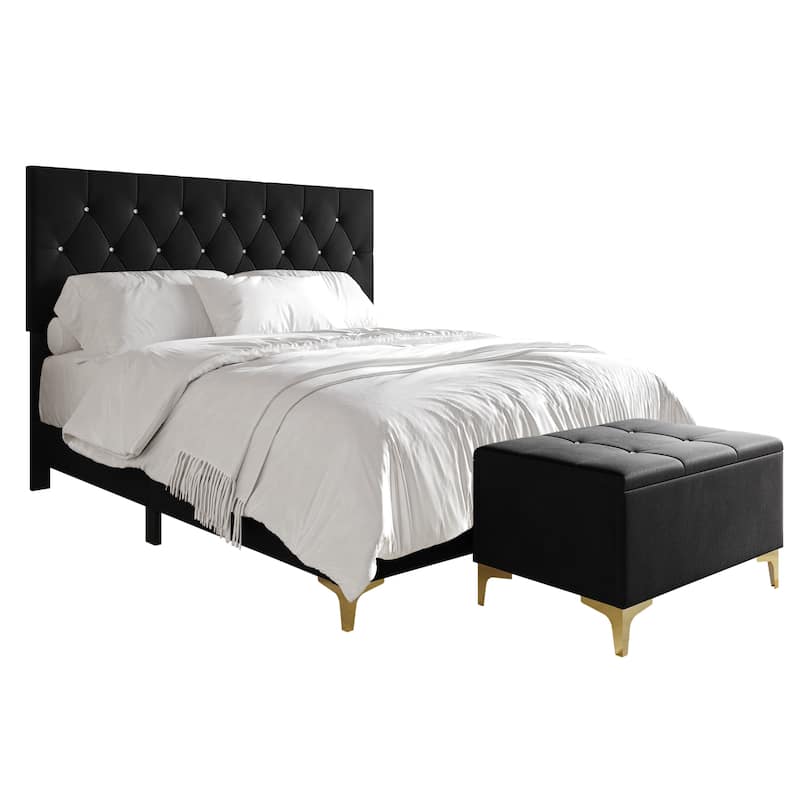 CraftPorch Glam Crystal Diamond Tufted Velvet Upholstered Bed with Storage Bench - Black - King
