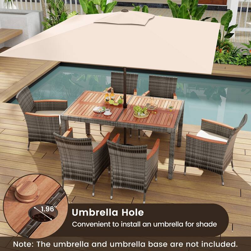 Cushioned 7-Piece Patio Dining Set in Acacia Wood and PE Rattan Wicker - 59" L x 35.5" W x 29" H