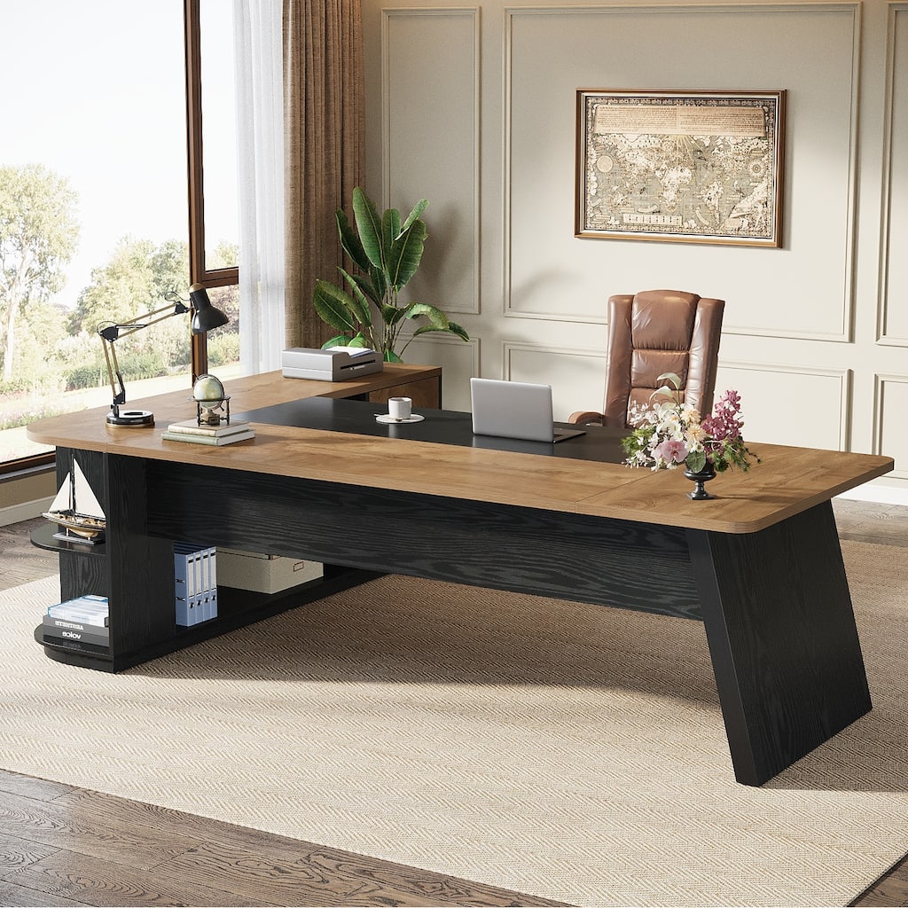 79 Inch Office Executive Desk with File Cabinet, L-Shaped Corner Desk with Storage Shelves for Home Office