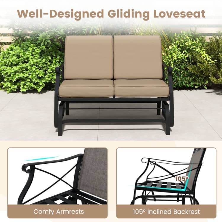 Brown Cushion Black Metal Outdoor Glider Bench 2-Seater Patio Swing - 29" x 47" x 32"