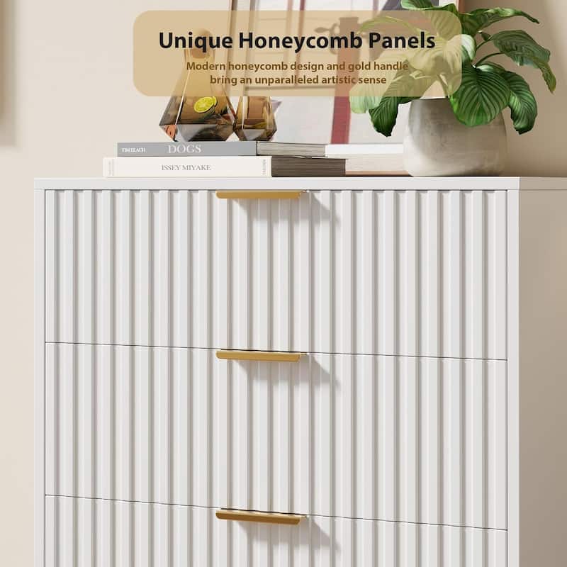 Fluted 5 Drawer Storage Dresser, Tall Chest with Deep Drawers and Wide Top, Wooden Organizer for Living Room
