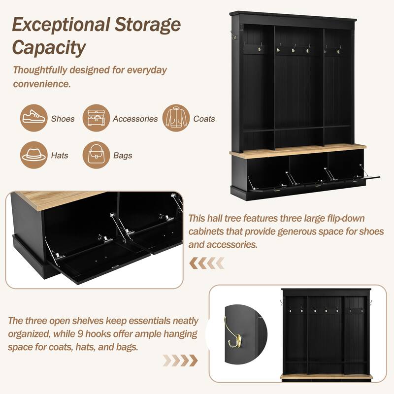 Hall Tree Hallway Storage Bench with Shoe Cubbies and Coat Rack with Hooks