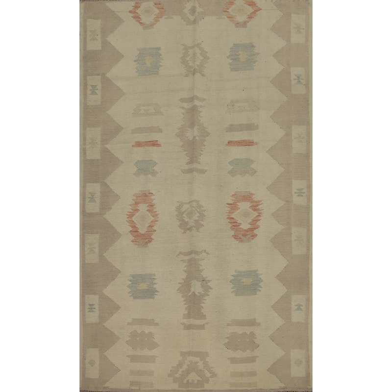 Hand Woven Oriental 100% Wool Carpet Southwestern Tribal Beige & Ivories Kilim Area Rug - 7' 0'' X 4' 6''