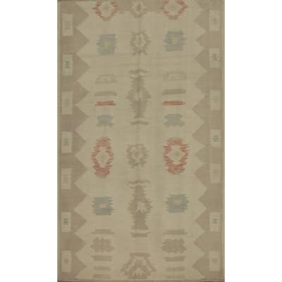 Hand Woven Oriental 100% Wool Carpet Southwestern Tribal Beige & Ivories Kilim Area Rug - 7' 0'' X 4' 6''