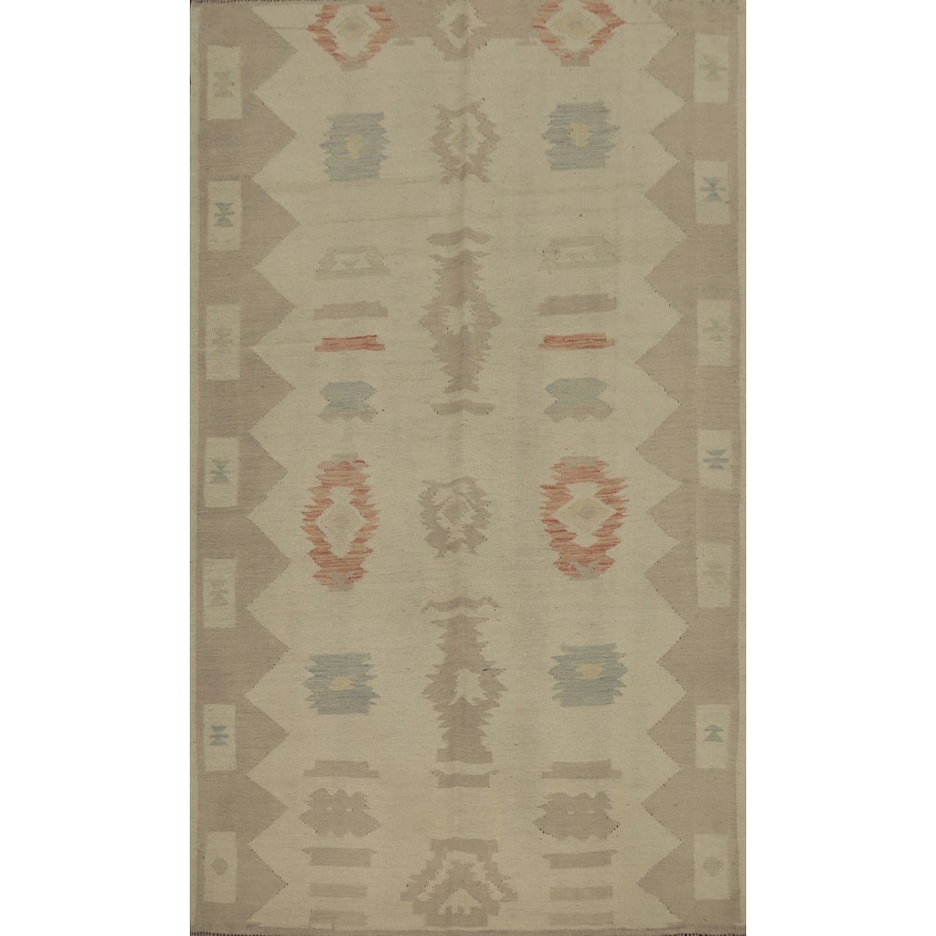 Hand Woven Oriental 100% Wool Carpet Southwestern Tribal Beige & Ivories Kilim Area Rug - 7' 0'' X 4' 6''