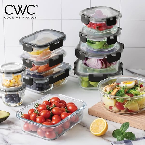 COOK WITH COLOR Premium 32-Pc. Borosilicate Glass Food Container Set with Dividers Leakproof Lids - Meal Prep, Storage - Black