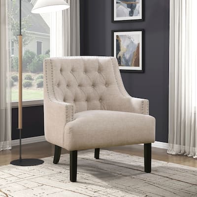 Beige Multi Chenille Upholstered Accent Chair with Button-Tufted Back