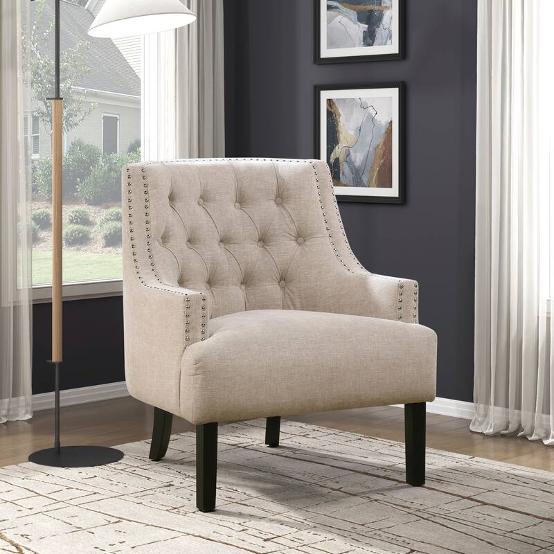 Modern Traditional Chenille Accent Chair with Nailhead Trim - Beige Multi