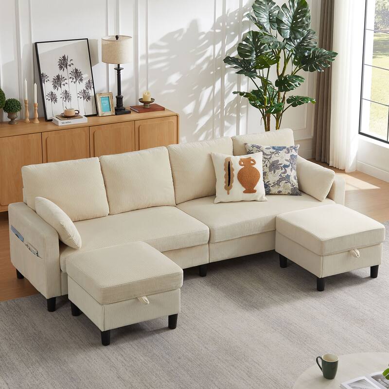 101" Corduroy U Shaped Sectional Sofa with Storage Ottoman