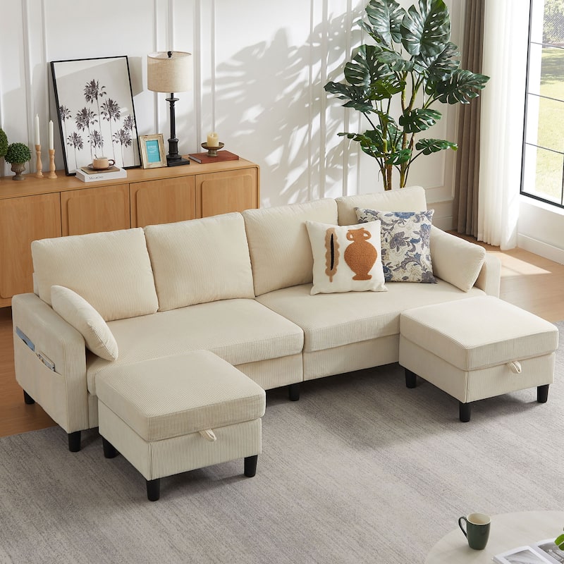 101'' Corduroy Upholstered Sectional Sofa With Storage Ottoman