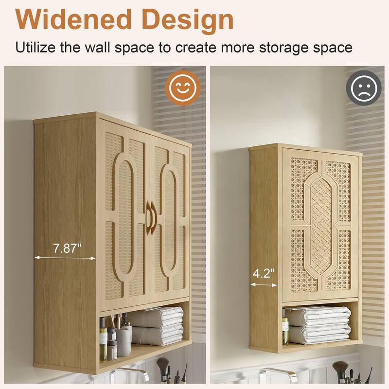 VECELO Oak Finish Wall Mounted Bathroom Cabinet Double Door Woven Rattan Medicine Cabinet with Adjustable Shelves & Open Storage