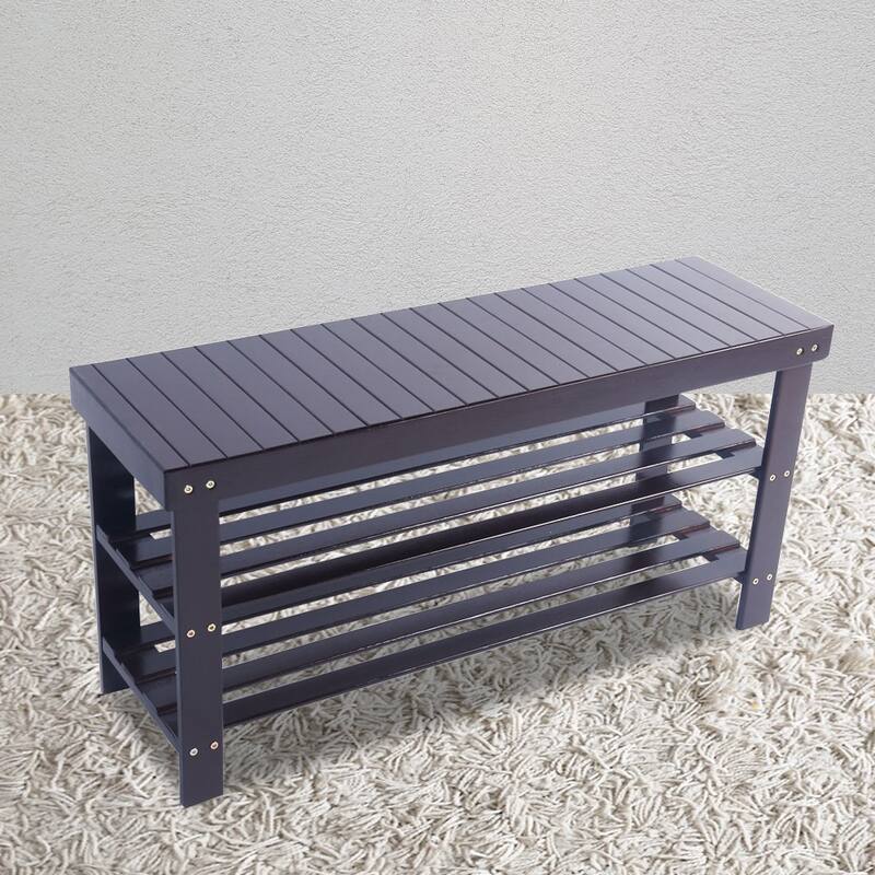 Slatted Bamboo 3-tier Stool Shoe Rack Wood Color