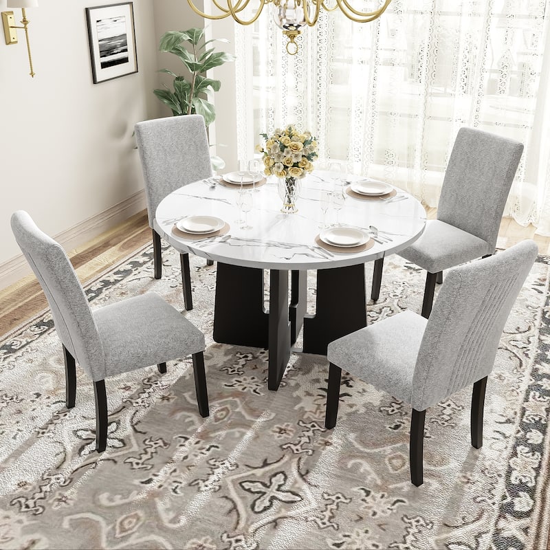 5-Piece, Modern Round Dining Table set with Dining Table and 4 Upholstered Chairs, for Dining Room, Kitchen Room, Living Room