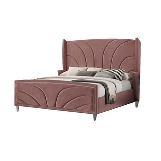 Kerith Modern Wood Queen Size Bed, Wingback Frame, Pink Velvet, Chrome Legs