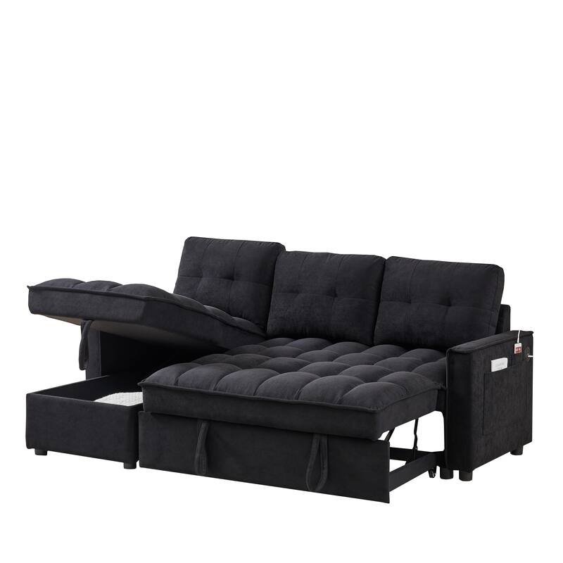 Futon Daybed Pull-Out Sofa Bed with USB and Tape-c, L-Shaped Sectional Sofa with Storage Chaise Lounge and Side Pocket