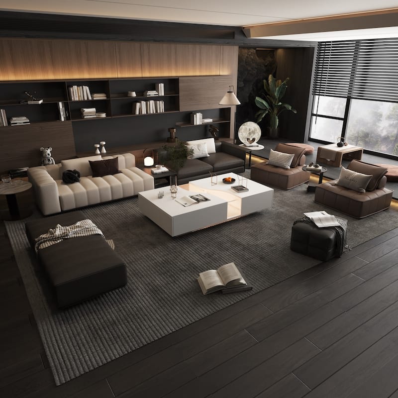 Storage Masterpiece Contemporary White Coffee Table Colorful LED Edge - 55.1"W