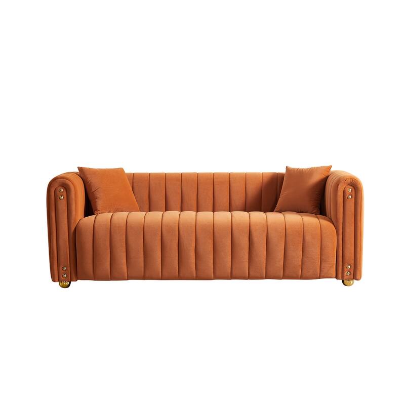 Living Room Orange Velvet Deep Seat Vertical Channel Sofa with Pillows