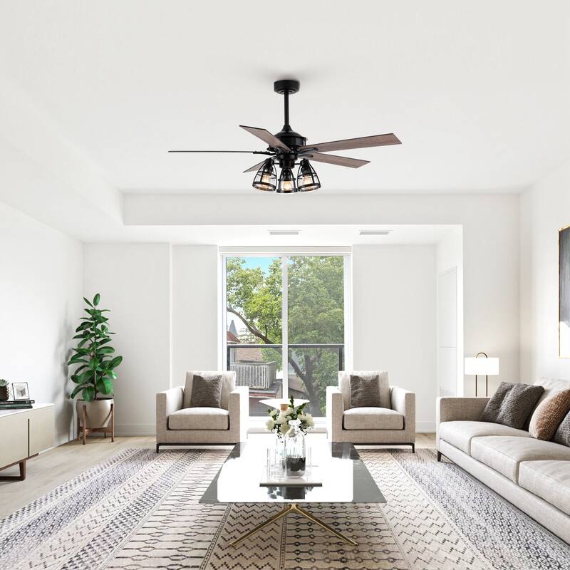 52" Industrial Matte Black Wood 3-Light Glass Ceiling Fan Chandelier with Remote
