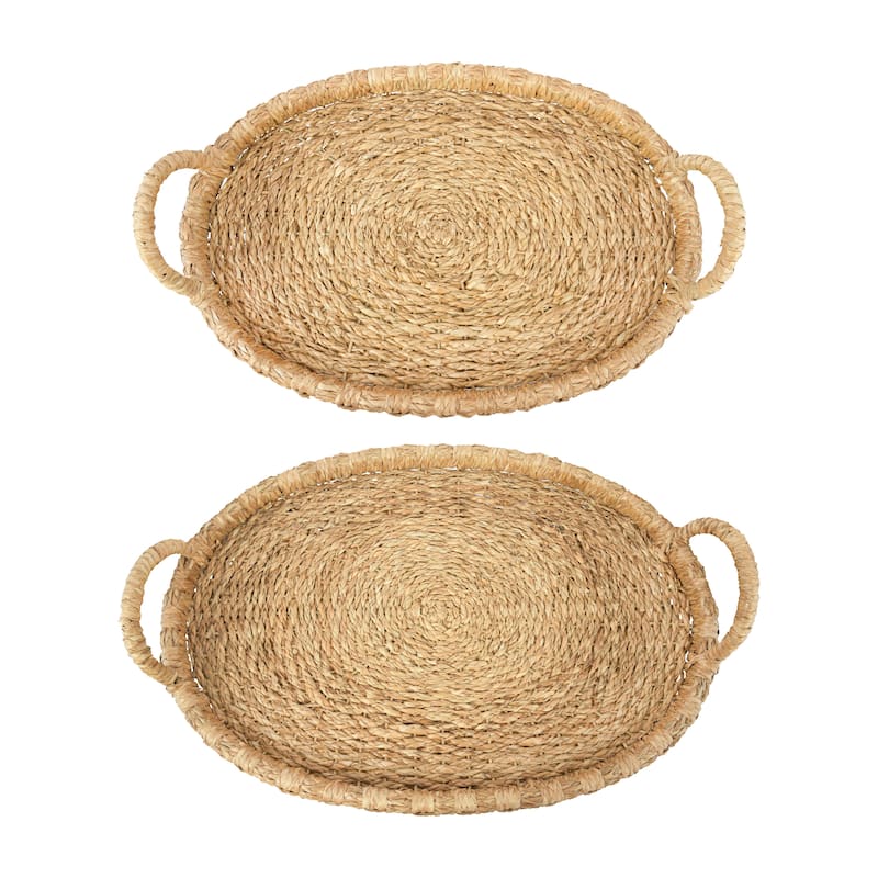 Decorative Handwoven 24" & 28" Oval Seagrass & Rattan Trays with Handles (Set of 2 Sizes)