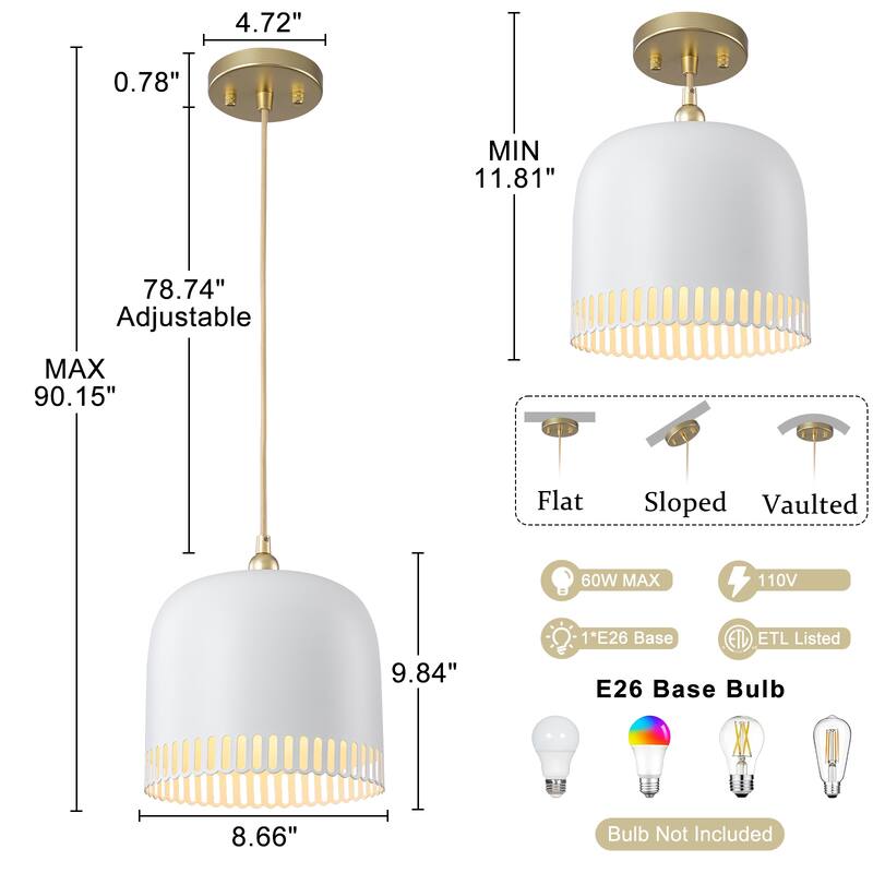 Modern 2-in-1 Dome Pendant or Flush Mount Light Openwork Iron Shade