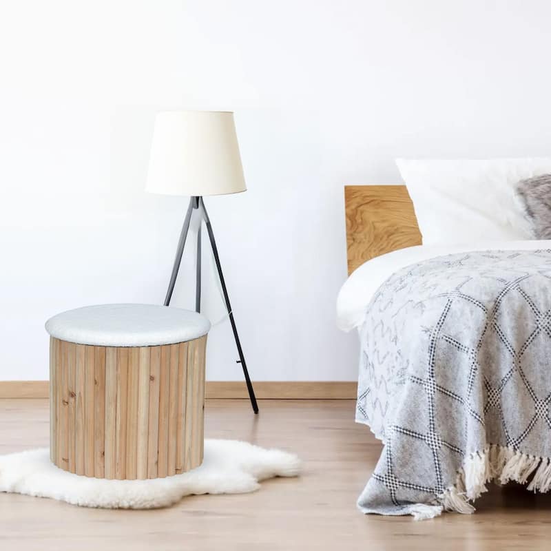 Aria Home Mid-Century Modern Bamboo Base Round Boucle Storage Ottoman