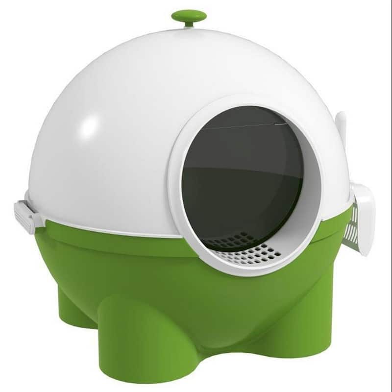 Dark Green and White Enclosed Cat Litter Box with Scoop and Sand Drain Enclosed Privacy