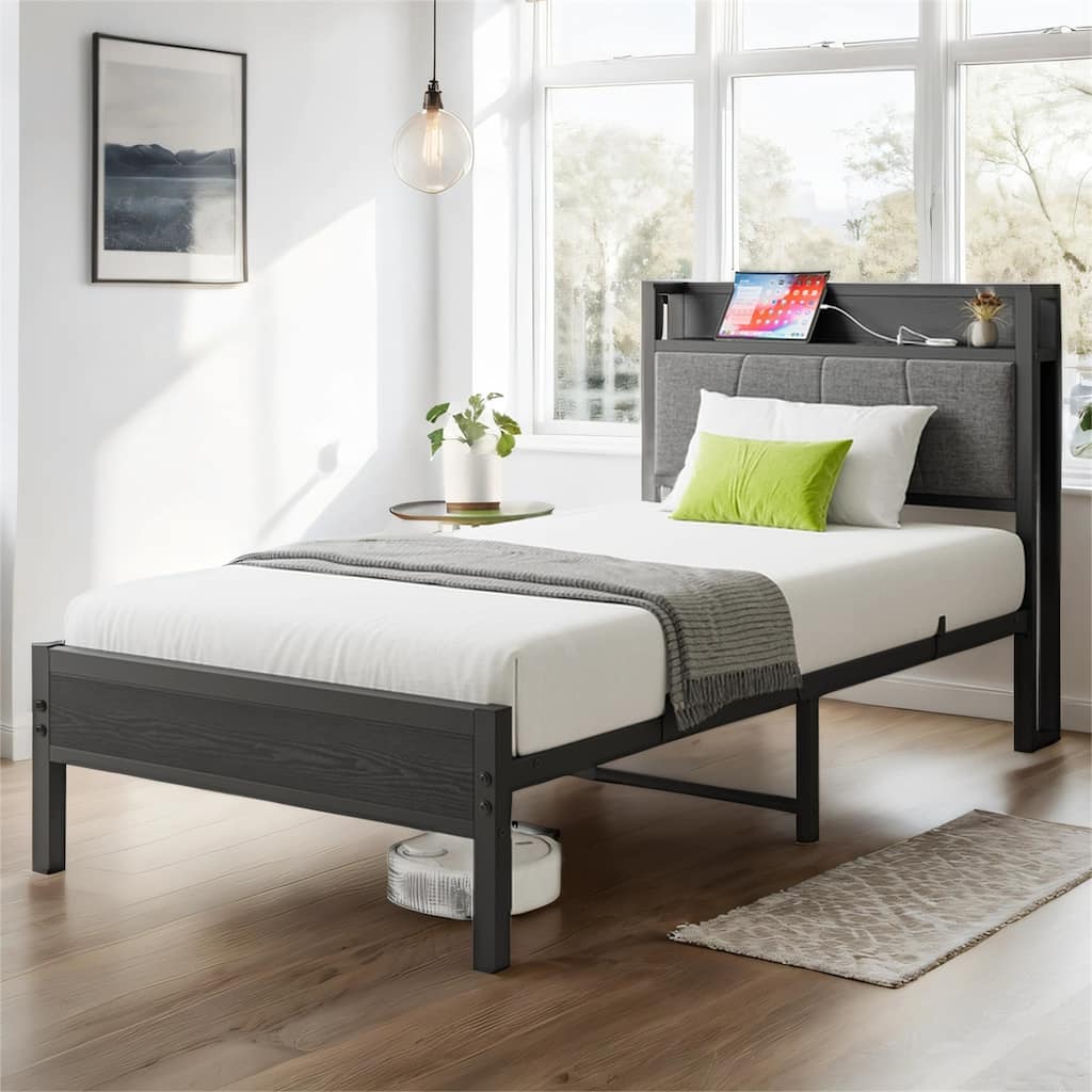 Twin Size Bed Frame, Storage Headboard with Charging Station