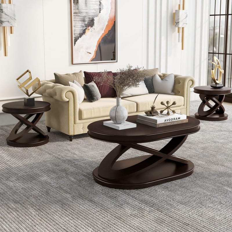 Retro 3-Piece Coffee Table Set with Solid Wood - Espresso
