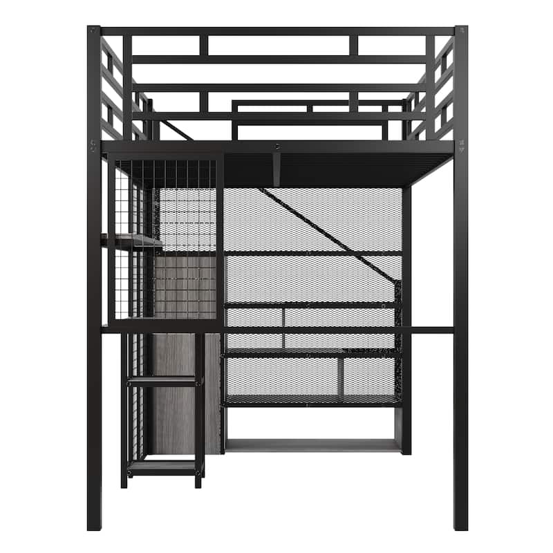 Full Size Metal Loft Bed with Wardrobe, Built-in Wood Tabletop Desk, Storage Shelves and Storage Stairs for Bedroom