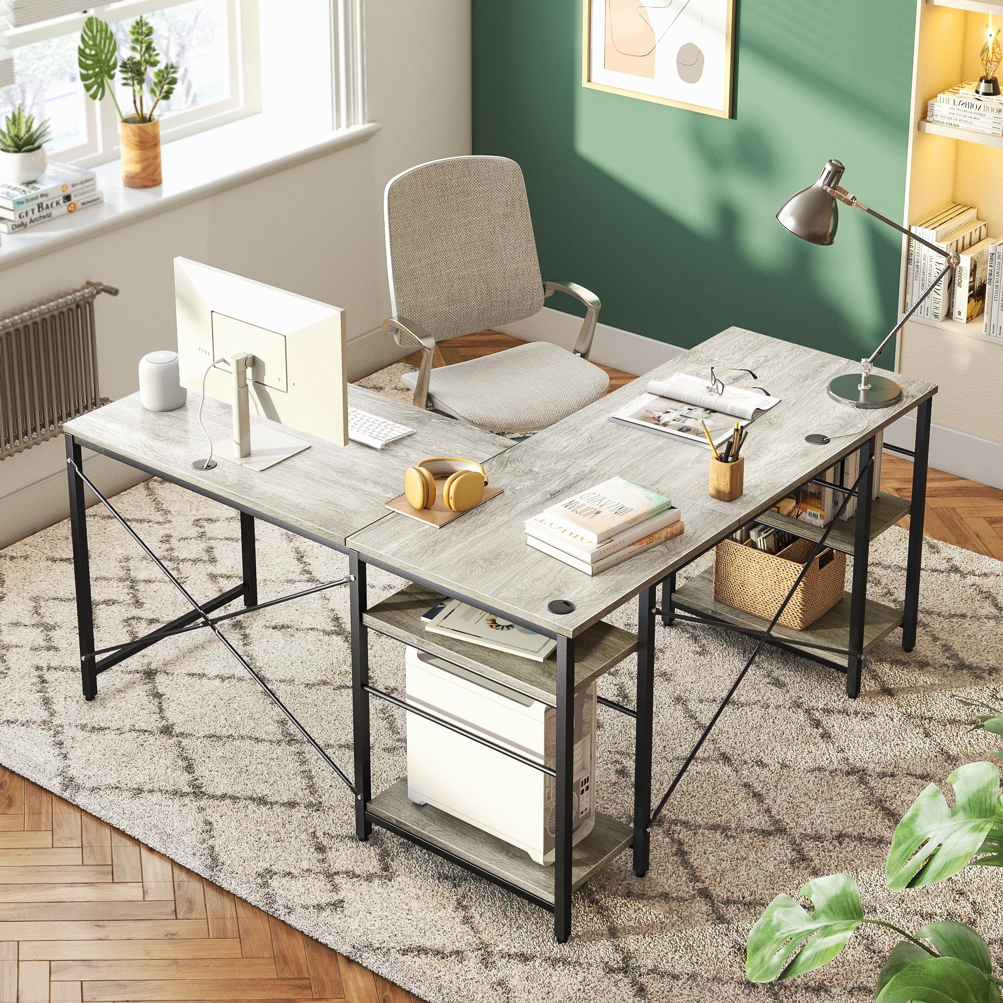 Industrial L-shaped Computer Desk with Cabinet, Home Office