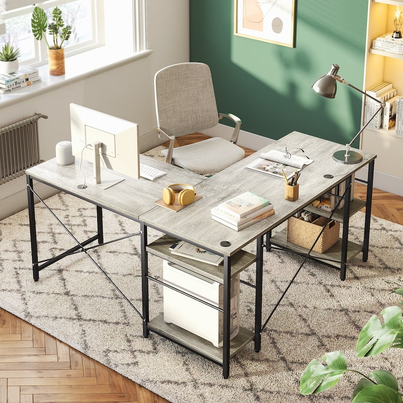 95.2 Inch L Shaped Desk with Shelves Home Office Computer Desk - Grey Oak