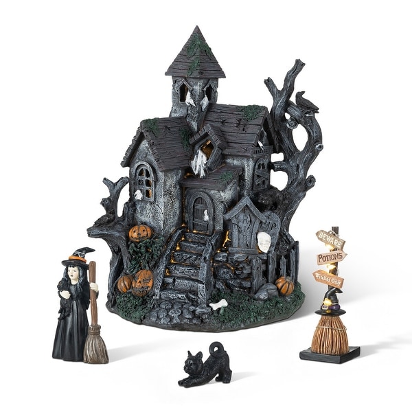 Glitzhome 4-Piece Halloween Lighted Resin Haunted House with Timer