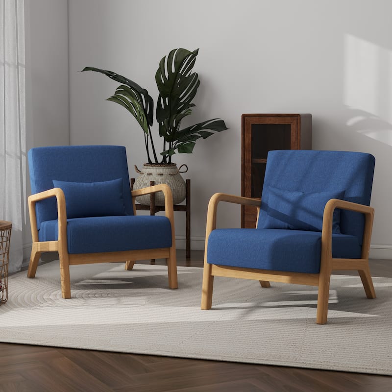 Briston 2 Set Mid Century Modern Wood Accent Chairs with pillow - Linen - Dark Blue-2Pack