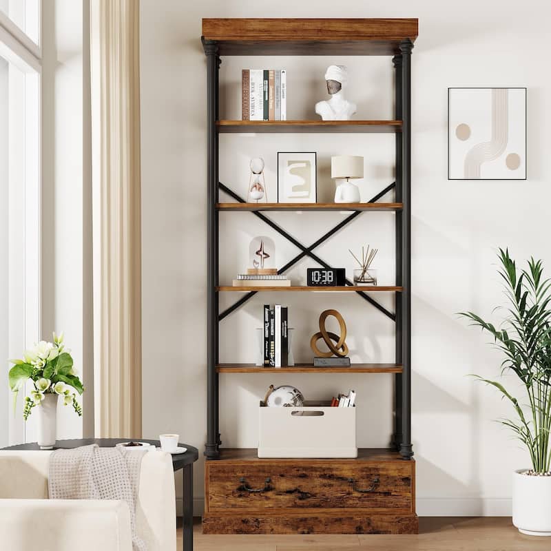 Bookshelf with Drawers,81.29" Tall, 5 - Tier Vintage Bookcase, Metal - Frame Shelf