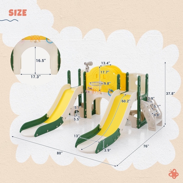 dimension image slide 2 of 5, 7 in 1 Toddler Slide Playset, Kids Climbers Playground with Double Slides, Arch Tunnel, Ring Toss and Basketball Hoop