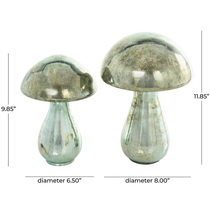 Glass Mushroom Glossy Weathered Decorative Sculpture - Set of 2 Green, Gold, Champane- Roche River Decor