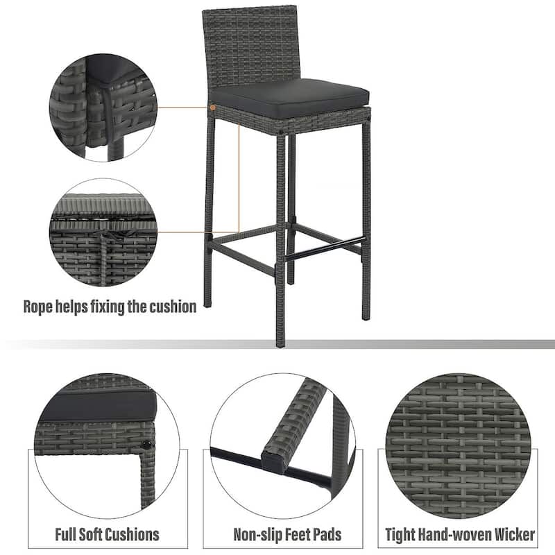 5-Piece Outdoor Patio Wicker Acacia Wood Table Top Bar Set, Gray