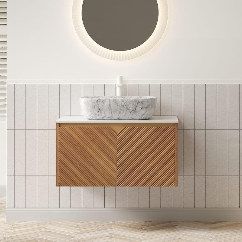 Floating Bathroom Vanity with Sintered Stone Top and Ceramic Vessel Basin - Brown Oak,Carrara White and Stone Gray - 29.92'' x 19.69'' x 21.69''