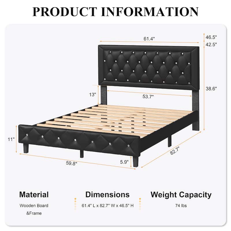 Diamond Tufted Queen Size Bed Frame – Faux Leather & Velvet Options with Button Tufted Headboard, Under-Bed Storage