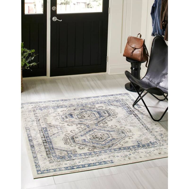 Contemporary Corbin Collection Area Rug - 4' Square - Ivory Aqua