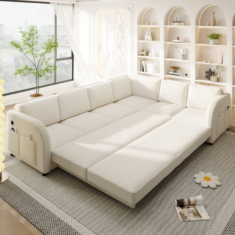 115" L-Shaped Sectional with Pull-Out Bed, USB Ports & Side Pockets, King Size Upholstered Bed